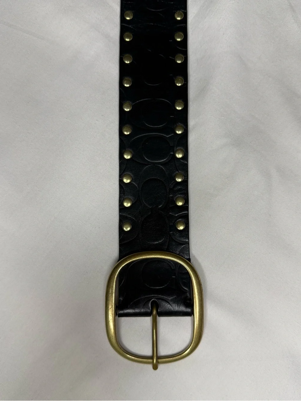 Coach Studded Black Leather Belt Brass Buckle Gold Tone Studs Size Sm 30-34”